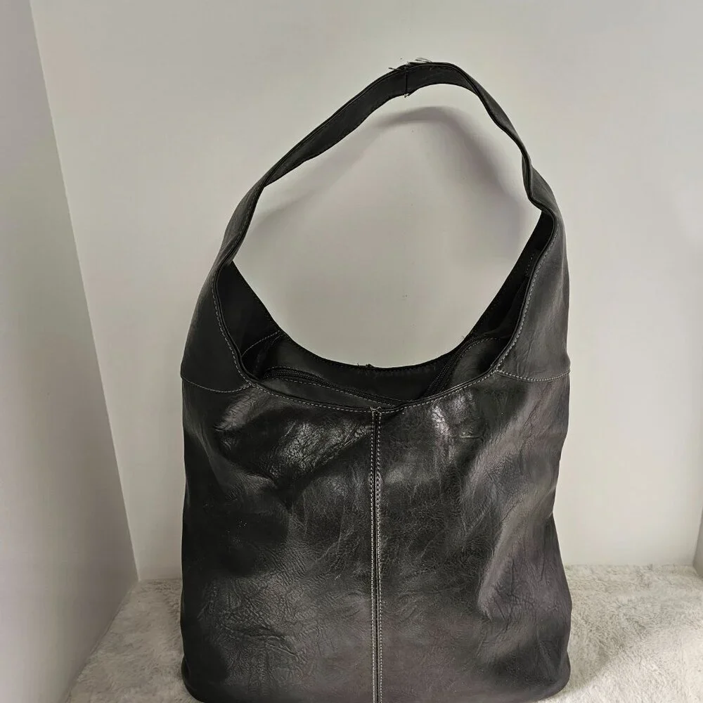 NWOT Black Gray Faux Leather Hobo Bag w/ Makeup Bag Crossbody
